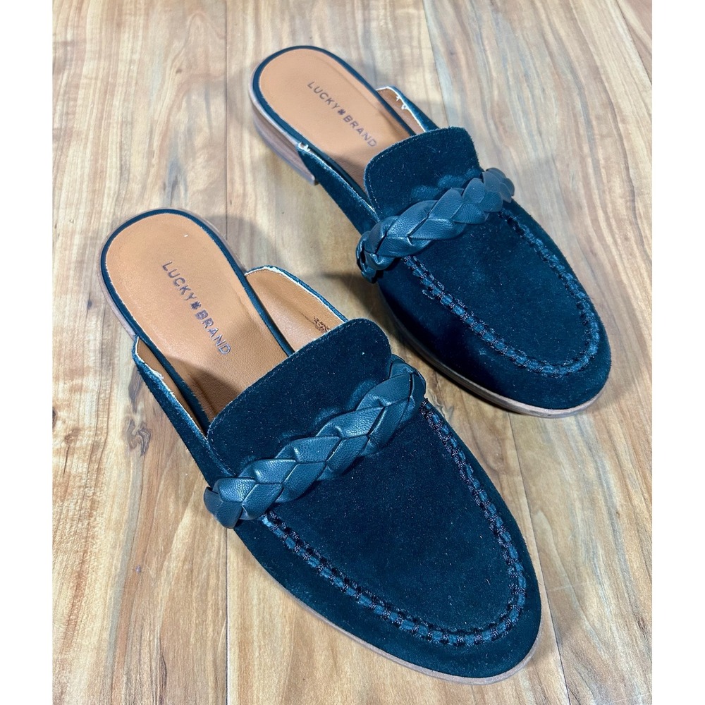 Lucky Brand Black Suede Braided Leather Mule‎ Loafers Womens 7.5 M Slip On Shoes